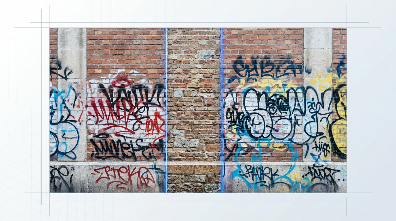 Graffiti-covered brick wall with a vertical cleaned section revealing bare masonry, electric blue laser line visible at the cleaning edge, public street setting with no barriers.