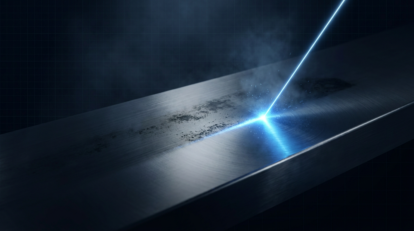 Dark metal surface with bright electric blue laser beam contact point glowing at center-right, showing active laser cleaning with particle scatter and atmospheric haze in industrial workspace.