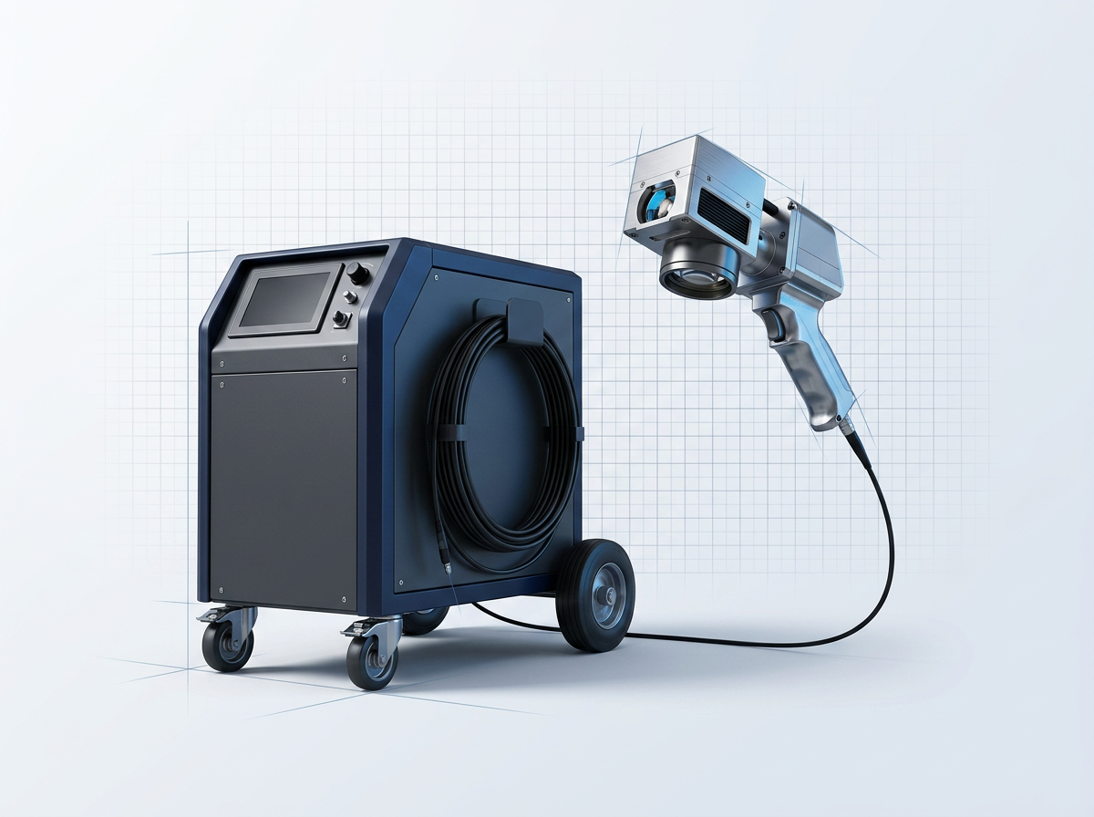 ELASER wheeled laser cleaning system on left with handheld scanner head on right, connected by fiber cable, showing portable form factor and component relationship.