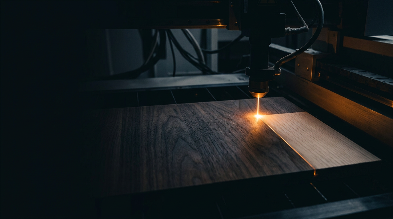 Close-up of laser beam stripping wood surface in dark workshop, amber laser glow contrasting treated and untreated wood grain.