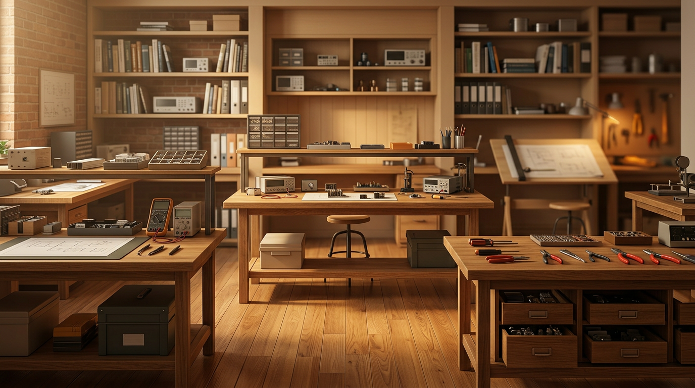 Softly lit warm-toned professional workshop with wooden workbenches and gentle directional lighting, evoking expert consultation and thoughtful decision-making.
