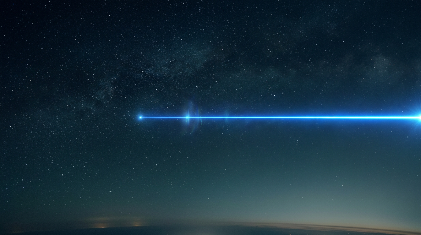 Deep space scene with a bright electric blue laser beam traveling horizontally across dark navy and teal tones, surrounded by subtle lens-flare effects and distant stars.