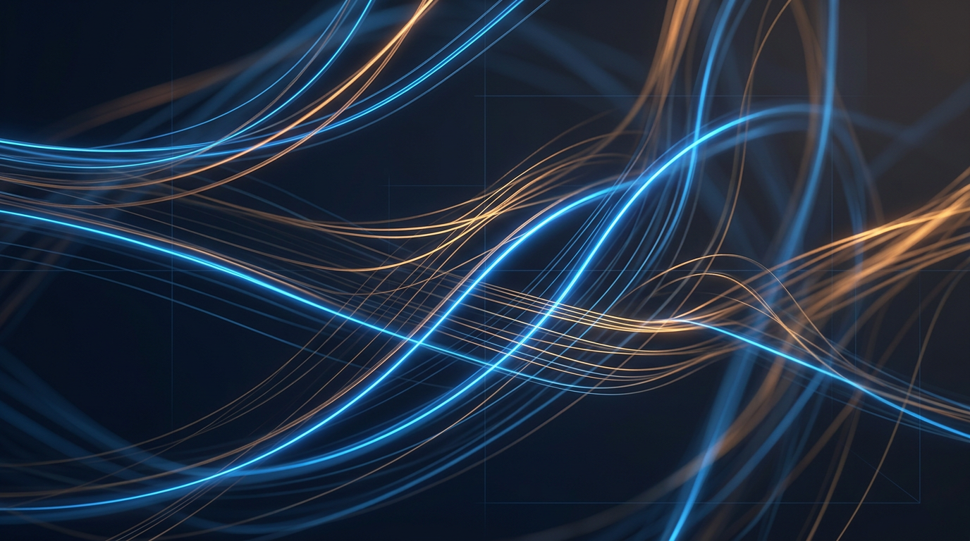 Glowing optical fibre strands in electric blue and amber tones weaving through a deep navy gradient background, evoking precision photonics and laser engineering.
