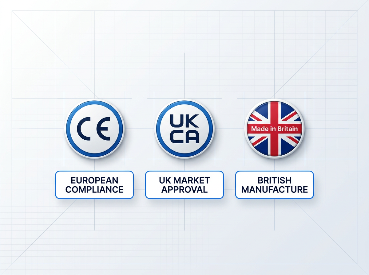 Three certification badges arranged horizontally—CE mark, UKCA mark, and Made in Britain badge—each with a white container below displaying its compliance category in dark navy text.