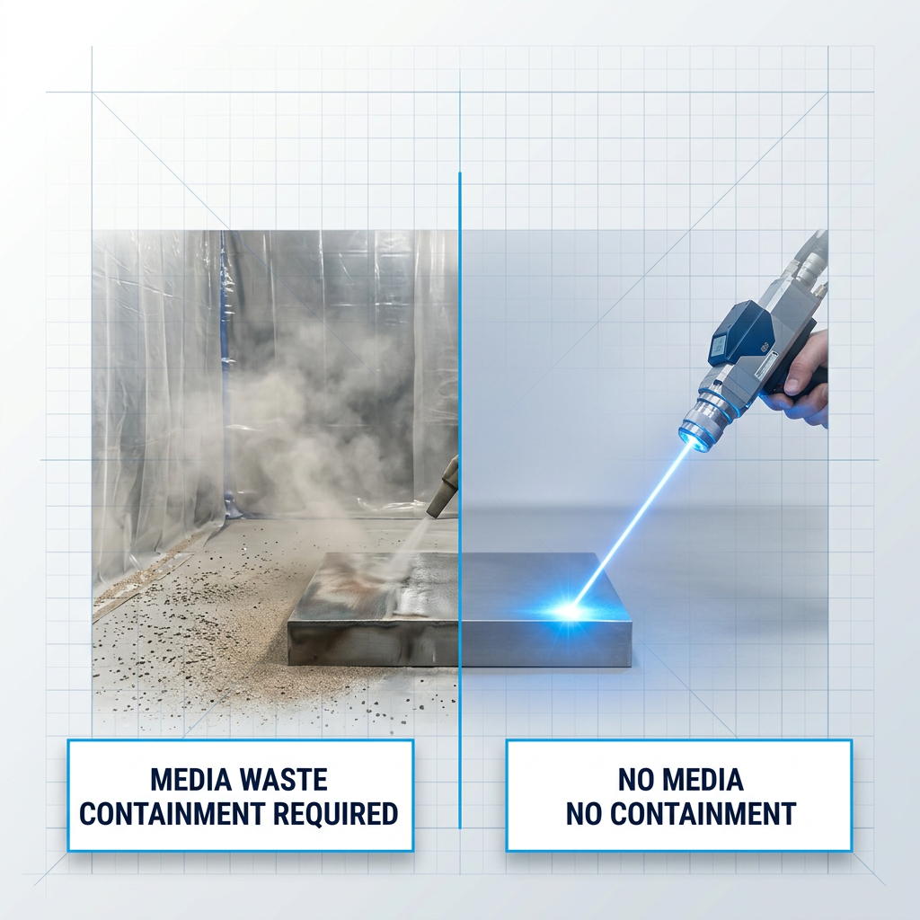 Split-screen comparison: left side shows abrasive blasting with containment sheeting, media waste, and dust clouds; right side shows focused electric blue laser beam cleaning a metal surface with precision, no debris or containment infrastructure.