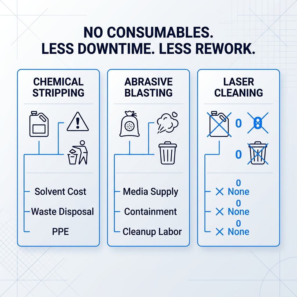 Three-column TCO comparison showing Chemical Stripping, Abrasive Blasting, and Laser Cleaning with cost drivers: solvent, waste disposal, and PPE for chemical; media supply, containment, and cleanup for abrasive; all marked as zero for laser cleaning.