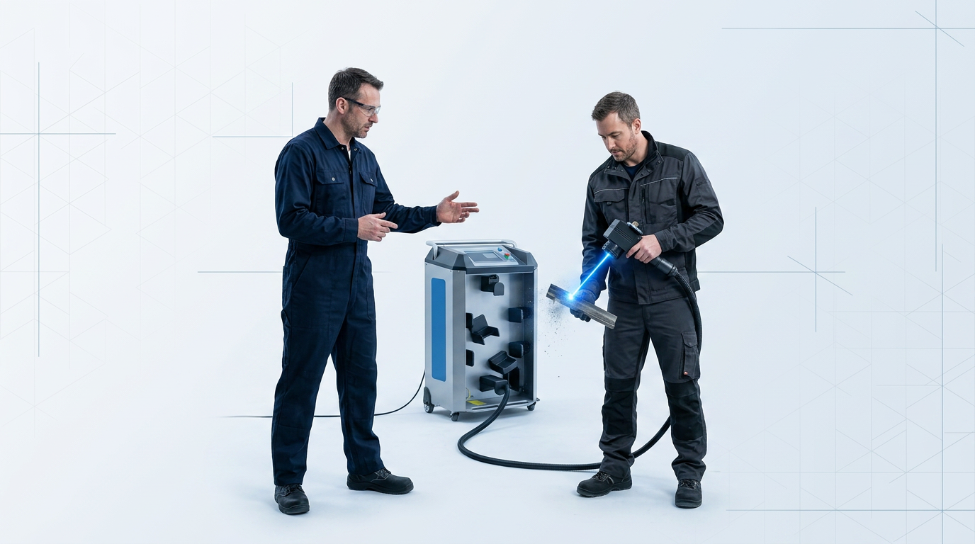 Two engineers in dark workwear collaborating at a laser cleaning system in a bright technical workspace. The trainer guides the operator who holds the laser scanner head, with an extended fiber cable connecting to the ELASER machine in the background and an electric blue laser beam visible at the work surface.