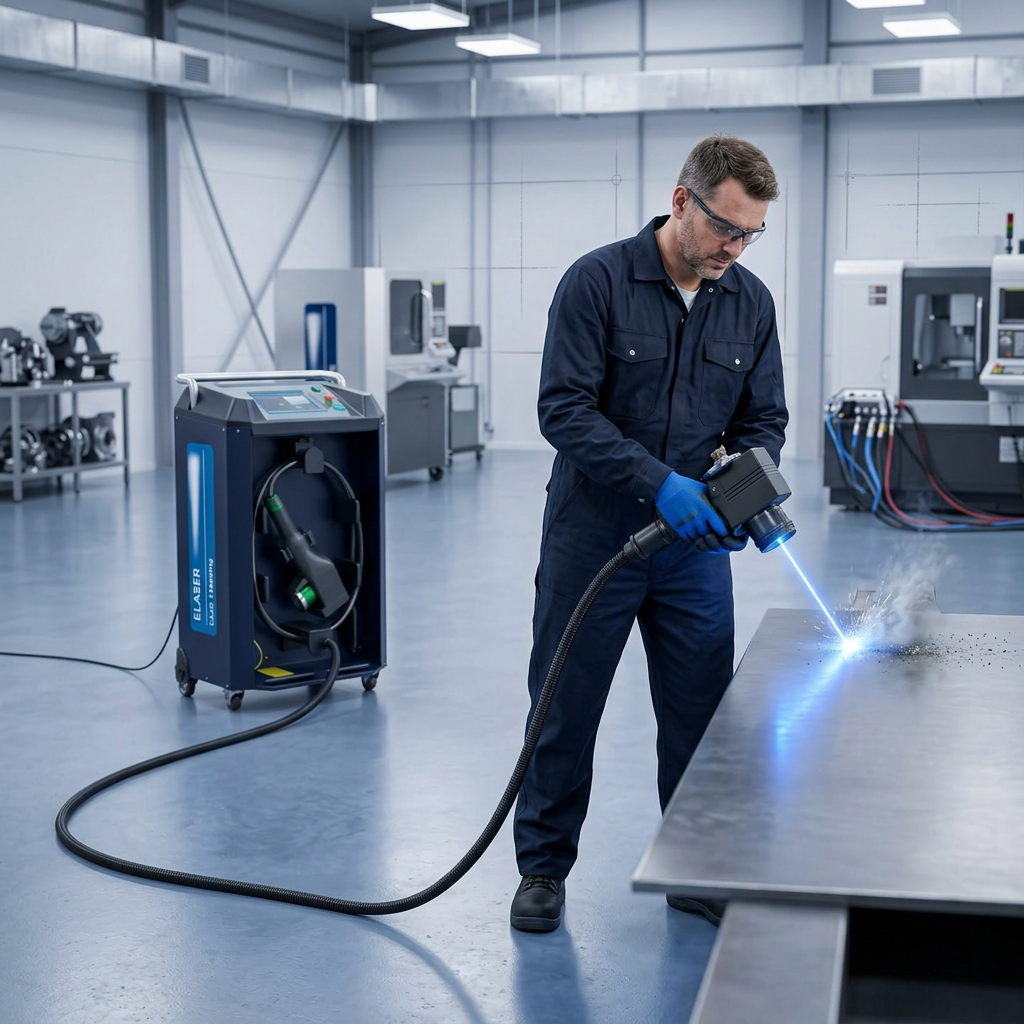 Operator in dark coveralls using ELASER handheld laser scanner on metal surface in bright industrial workshop, wheeled ELASER unit visible in background with extended fiber cable showing active laser varnish removal.