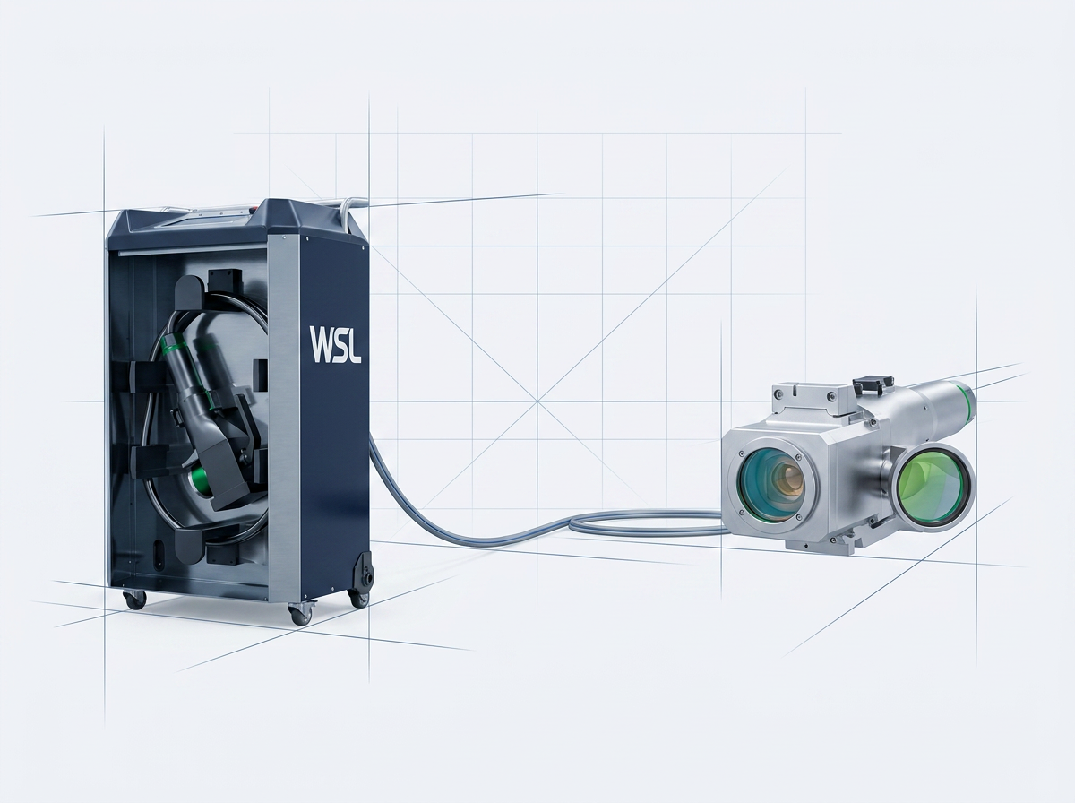 ELASER wheeled laser unit on left with extended fiber cable, handheld scanner head on right, both positioned to show portable system scale and form factor.