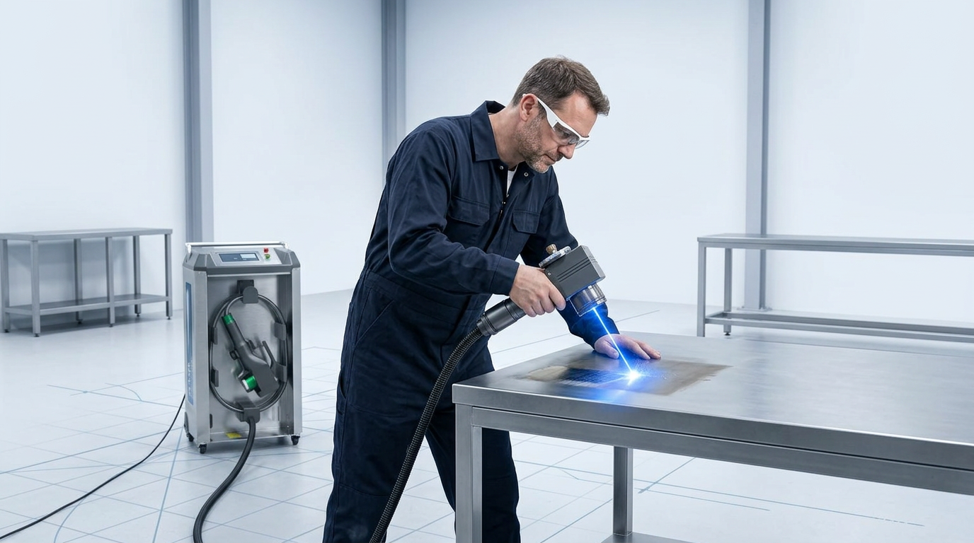 Industrial workshop scene with operator in navy coveralls using handheld laser scanner on metal surface with visible varnish removal and electric blue laser contact point; wheeled ELASER unit visible in background with extended fiber cable.