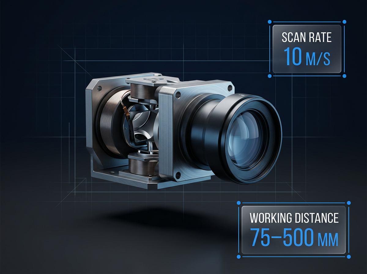 Galvanometer scanner head with F-Theta lens mounted on dark background, with specification badges showing 10 m/s scan rate and 75–500 mm working distance.