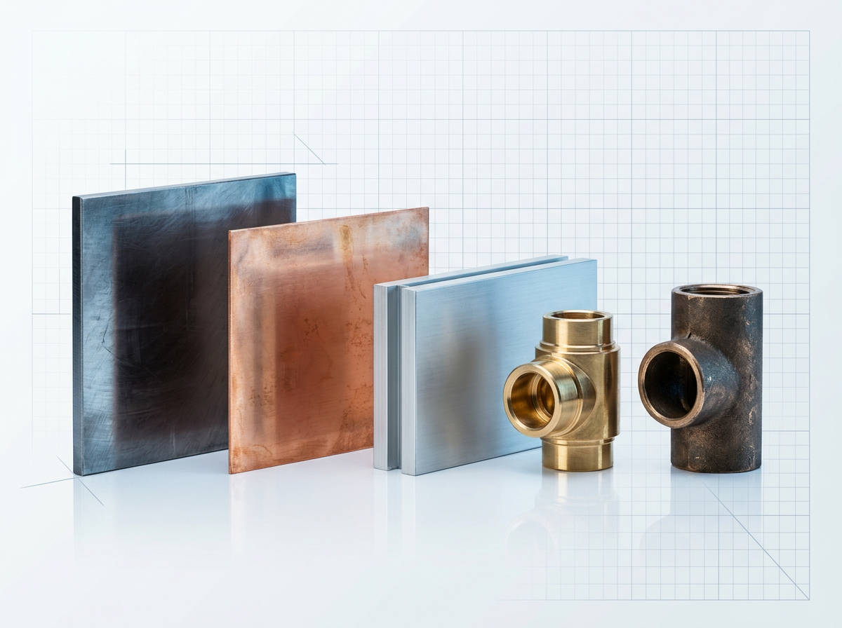 Five industrial metal substrates arranged on a white surface: steel plate, copper sheet, aluminium bar, brass fitting, and bronze casting, each displaying distinct material finish and colour.