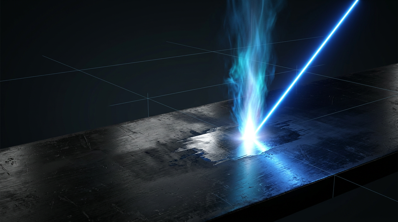 High-intensity laser beam ablating varnish from dark metal surface in industrial workspace, with bright white-hot plasma plume and electric blue vapor rising from the contact point.