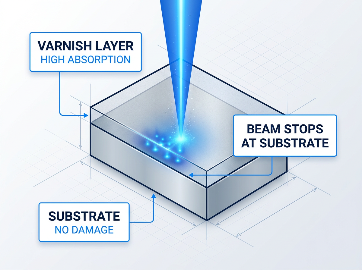 Cross-section schematic showing laser beam directed at layered surface with varnish coating absorbing energy while substrate remains unaffected.
