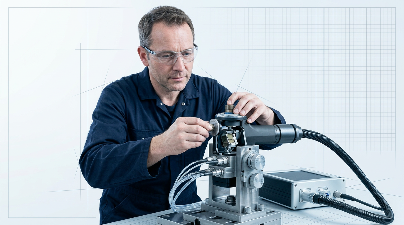 Engineer in navy coveralls adjusting scanner head components of laser cleaning system at technical workstation with precision mechanical detail visible.
