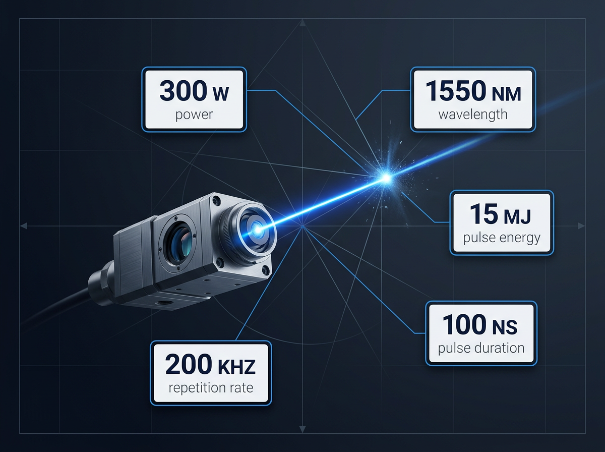 Close-up of fiber laser source emitting focused electric blue beam with five technical specification badges orbiting the focal point: 300 W power, 1550 nm wavelength, 15 mJ pulse energy, 100 ns duration, 200 kHz repetition rate.