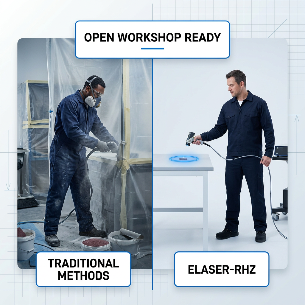 Side-by-side operational comparison: left shows worker in full PPE surrounded by containment sheeting and abrasive media; right shows operator freely using ELASER-RHZ laser scanner in open workshop with small blue hazard zone marker.