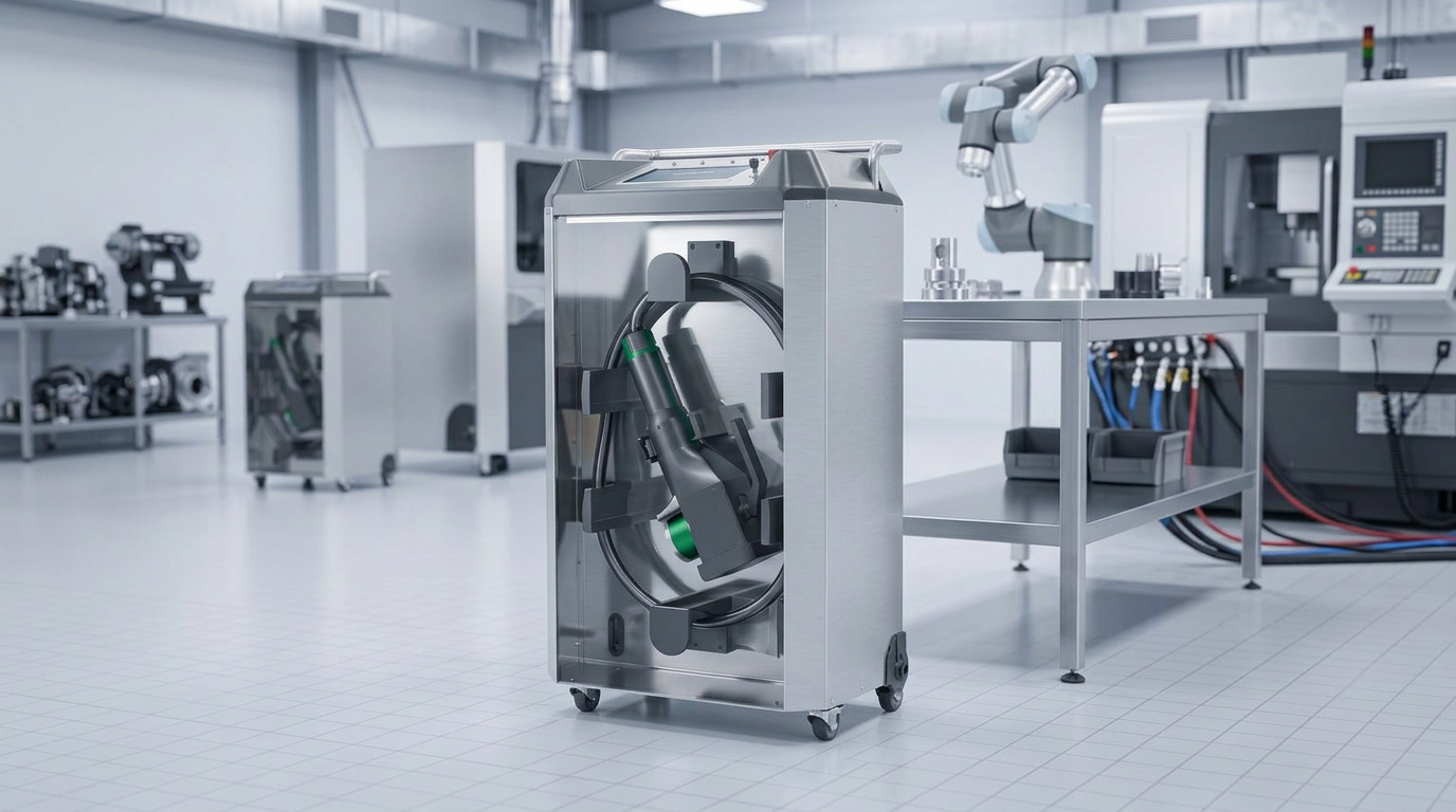ELASER laser cleaning machine standing in a bright, modern manufacturing facility with polished concrete floors and overhead LED lighting, showcasing precision engineering and in-house manufacturing quality.