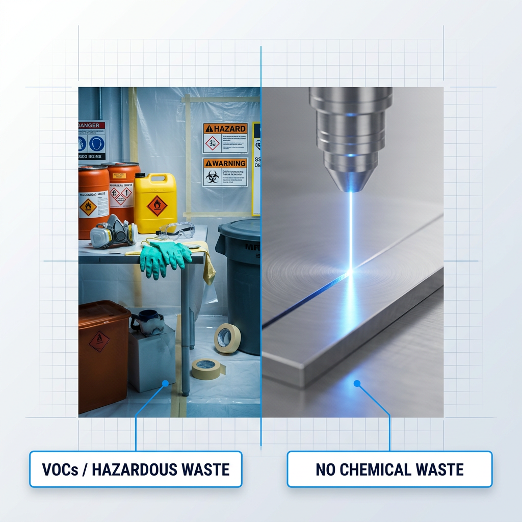 Split-composition contrast: left side shows chemical waste containers with hazard symbols and PPE equipment; right side shows a focused laser beam on metal with electric blue contact glow and no waste output.