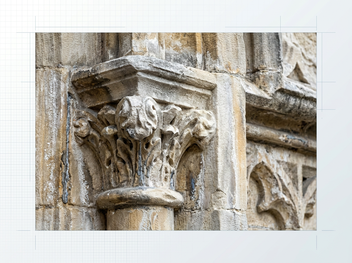 Close-up of aged carved stone masonry showing fine relief details, weathered surface texture, varnish layers, and patina deposits with sharp-defined carved edges contrasting dulled coated areas.