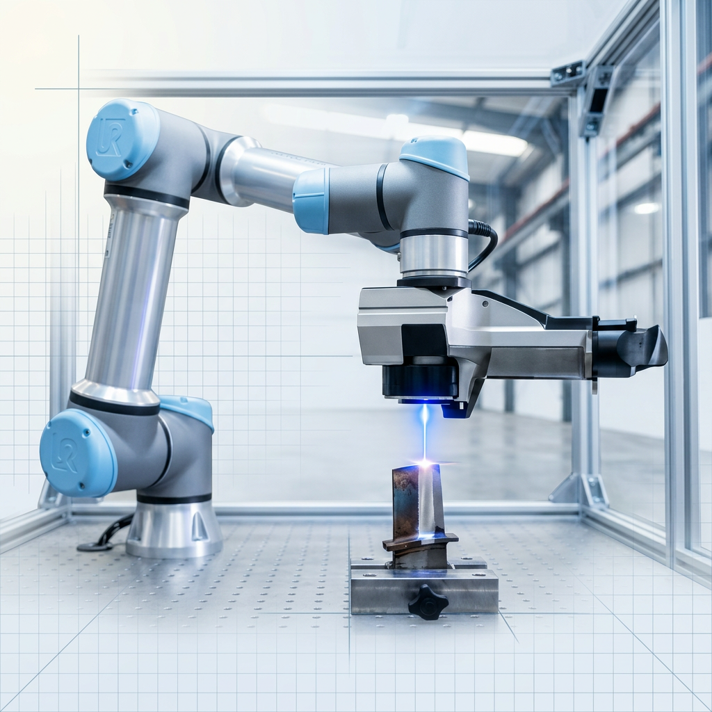 AutoLASE robotic arm with laser cleaning head positioned over a complex metal component inside a production cell, with electric blue laser glow at the contact point showing active varnish removal.