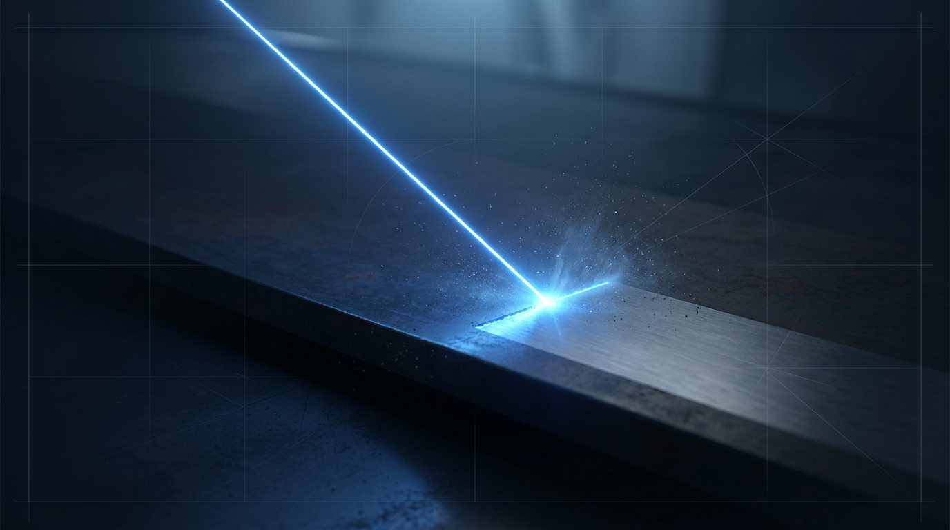 Dark industrial metal surface struck by an electric blue laser beam from upper left, with glowing ablation point and light scatter showing precision laser cleaning in action.