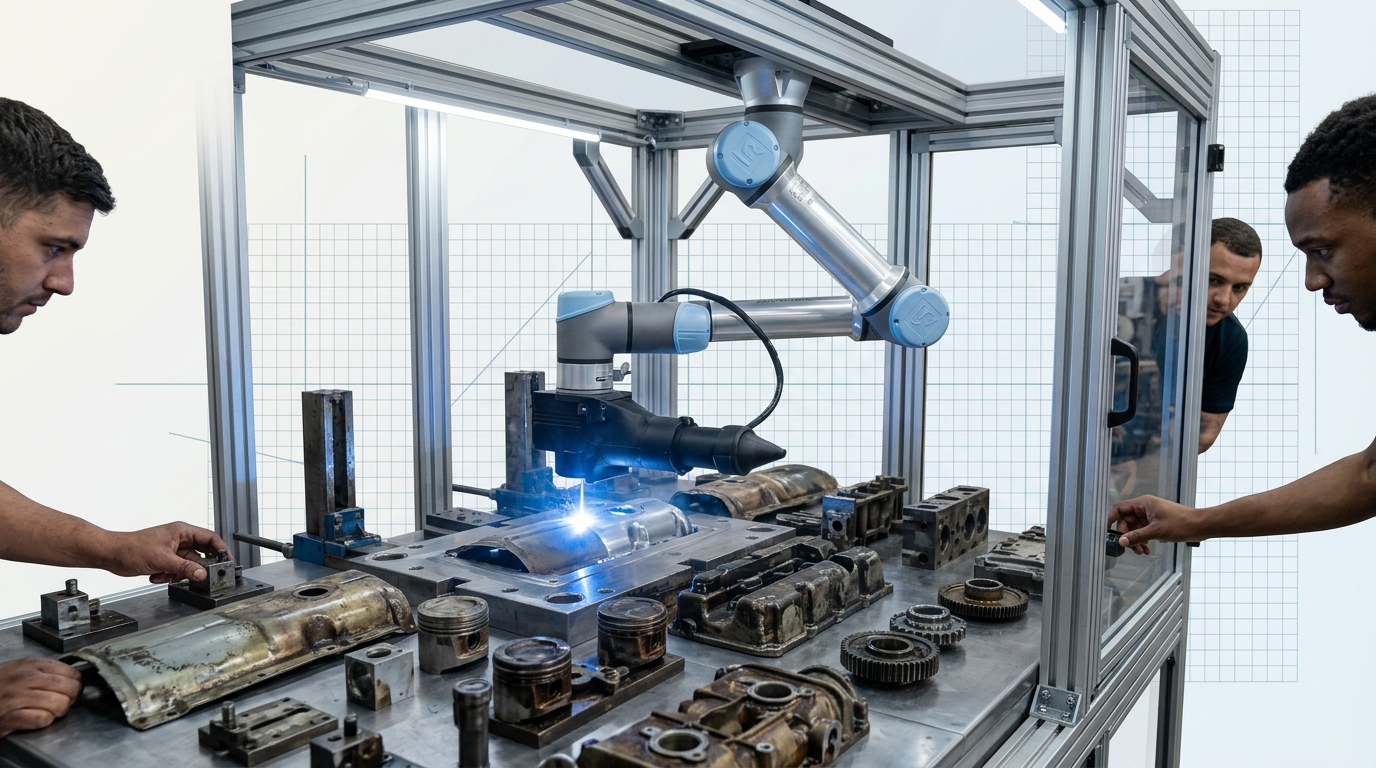 Batch of worn metal components with heavy varnish coating arranged on work surface inside automated laser cleaning cell, with electric blue laser beam actively removing coating from one component to reveal clean bare metal substrate.