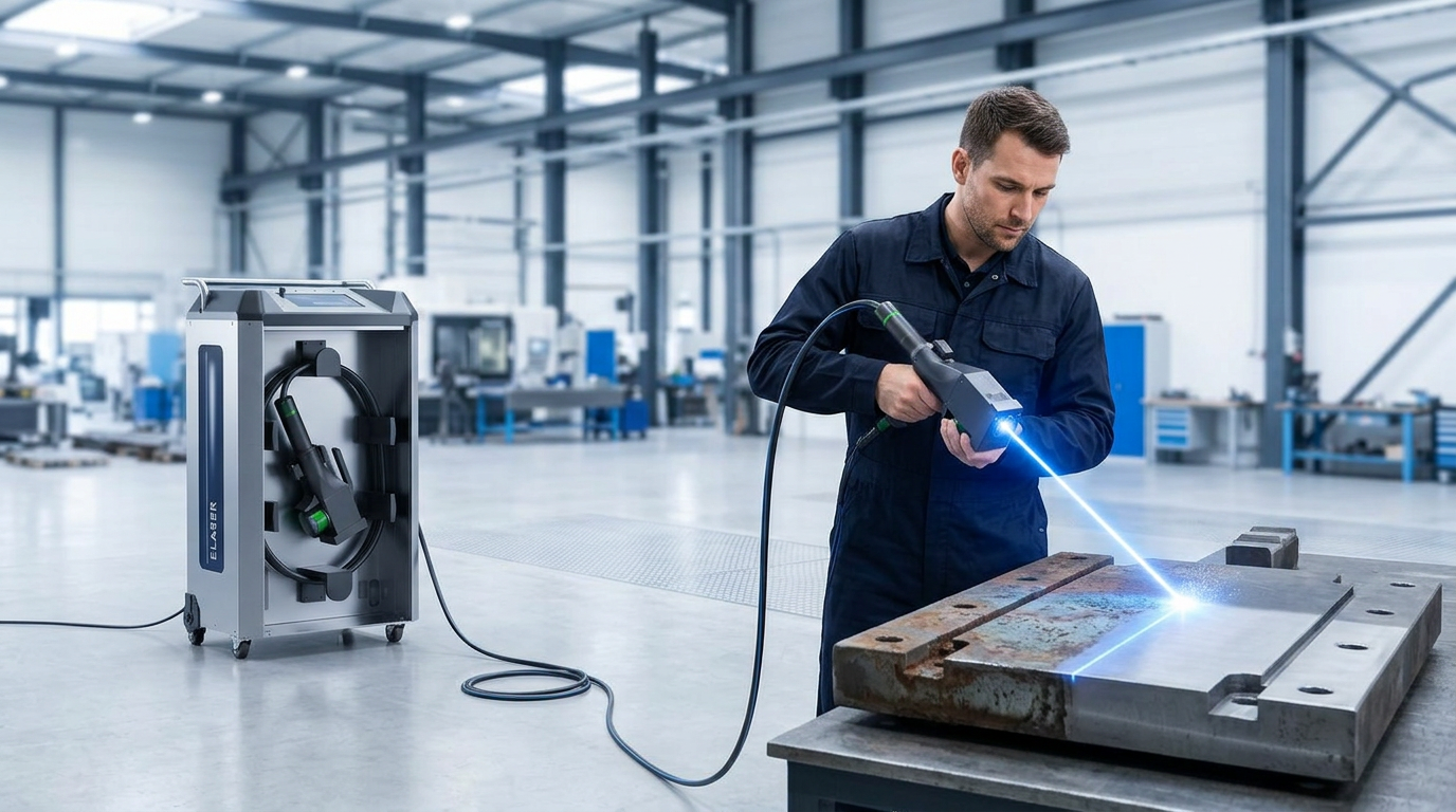 Technician in dark workwear operating ELASER-RHZ laser cleaning machine in open workshop, with fiber cable extended and blue laser beam cleaning industrial component, no safety barriers visible.