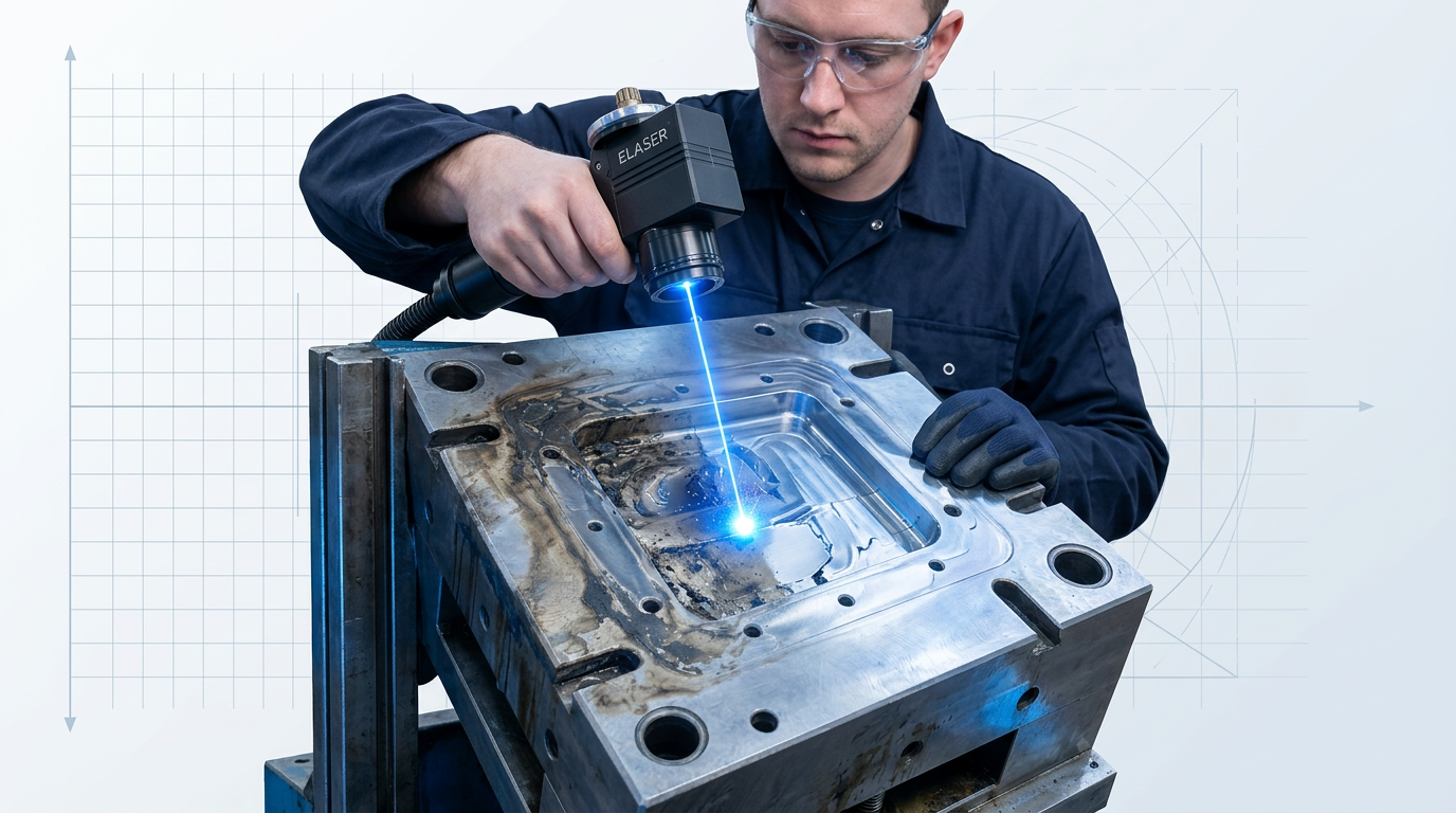 Precision injection mould mounted in hydraulic press with laser scanner head positioned above cavity surface, electric blue laser beam striking and cleaning varnish residue from tooling surface.