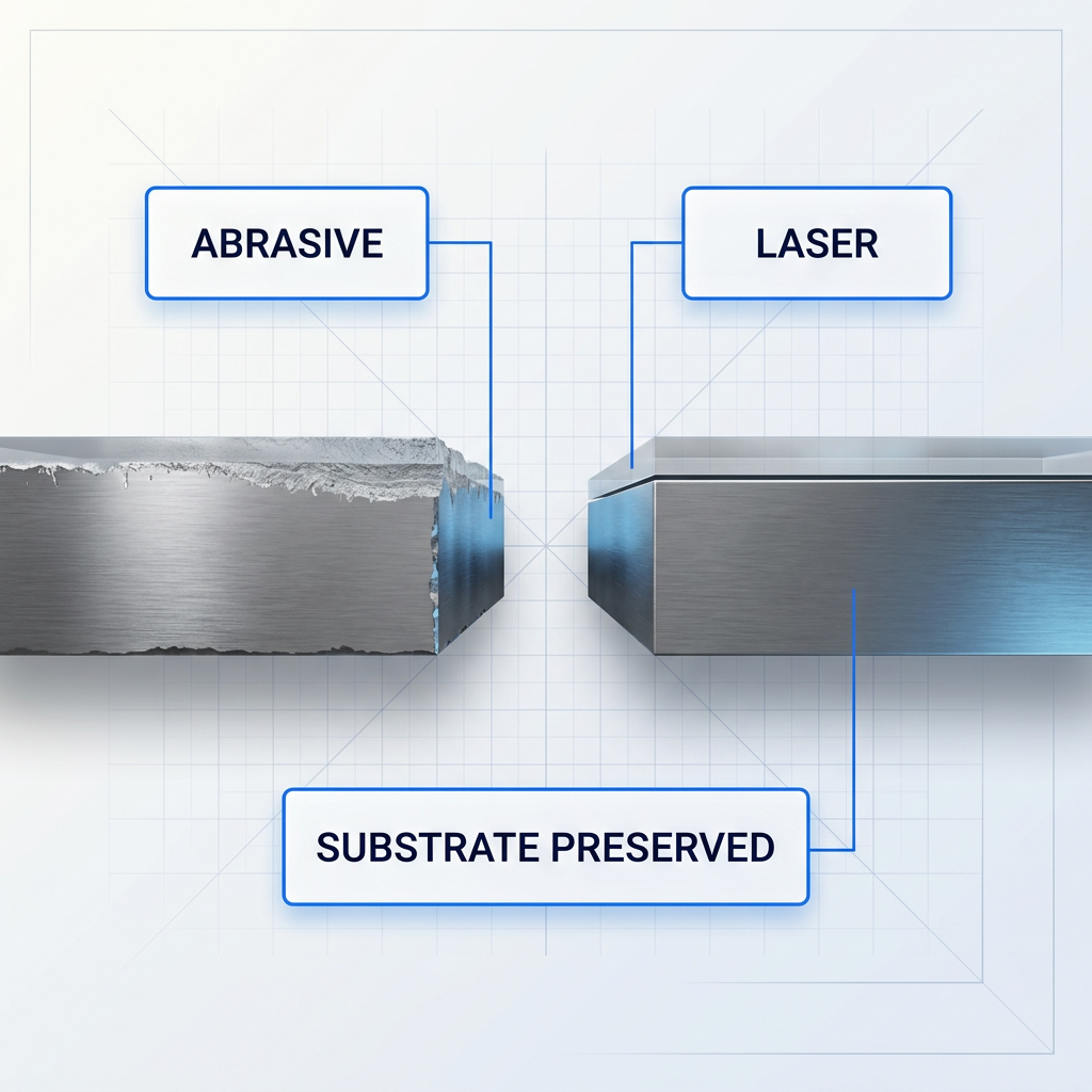Cross-section comparison of metal substrates: left side shows roughened, thinned surface from abrasive removal; right side shows smooth, intact substrate with coating cleanly removed at interface, labeled 'Substrate Preserved'.