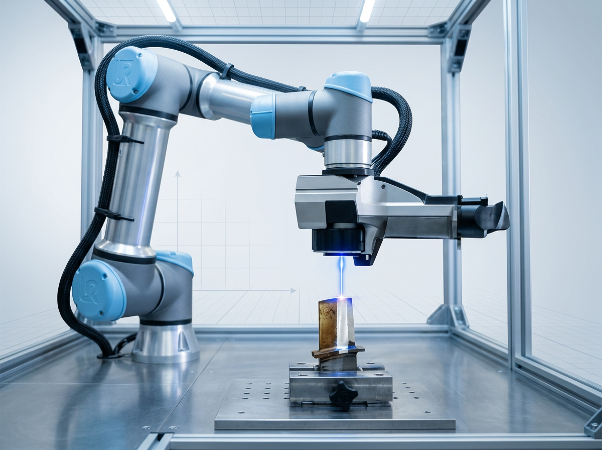 Industrial robotic arm with laser cleaning head positioned over a precision metal component, showing electric blue laser beam at contact point with stark contrast between cleaned and varnish-covered surfaces.