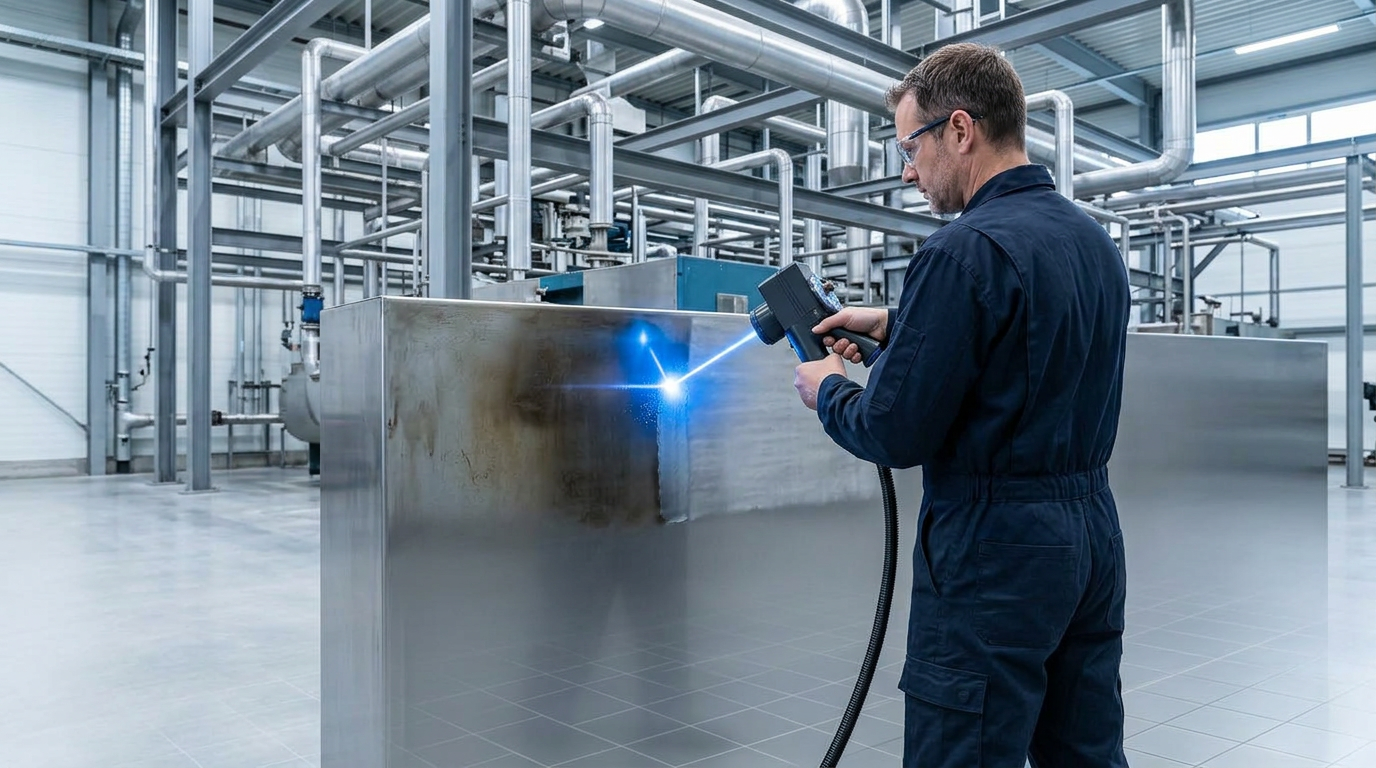 Technician in navy coveralls operating handheld laser scanner on large steel industrial equipment, with electric blue laser beam removing varnish from metal surface in bright warehouse facility.