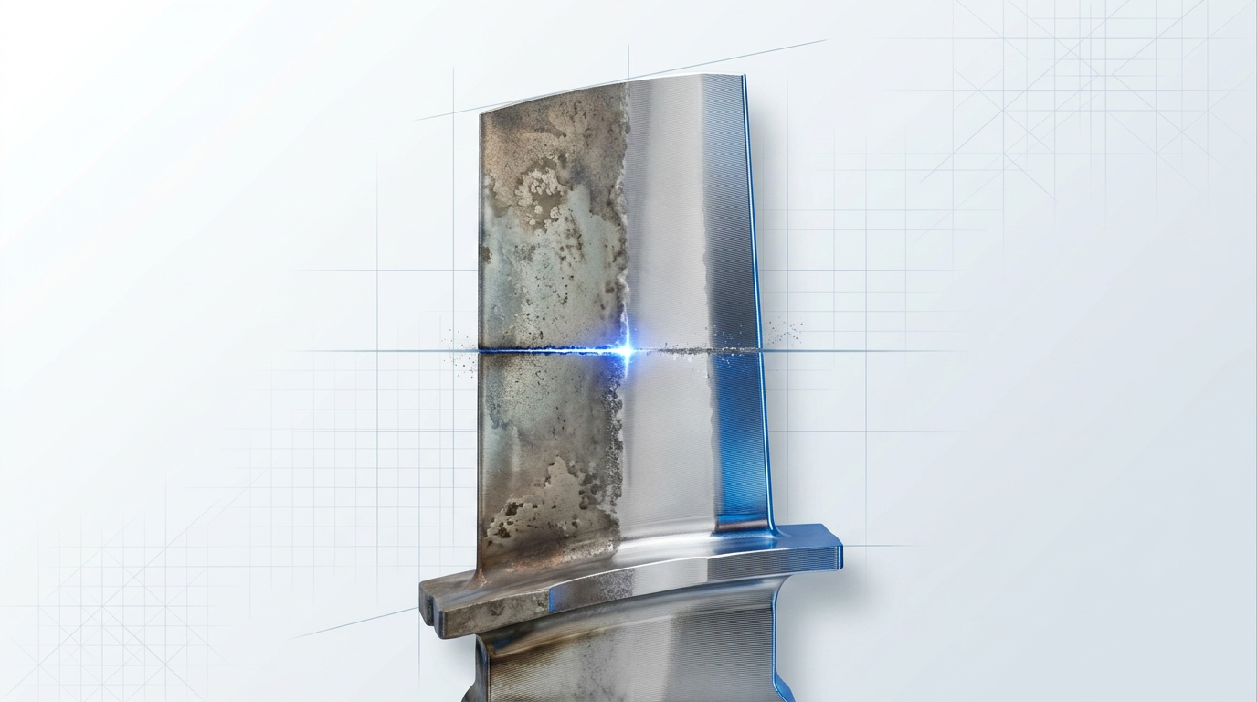 Aerospace turbine blade with laser varnish removal in progress, showing oxidized surface on left transitioning to pristine reflective metal on right, with electric blue laser contact point at the dividing line.