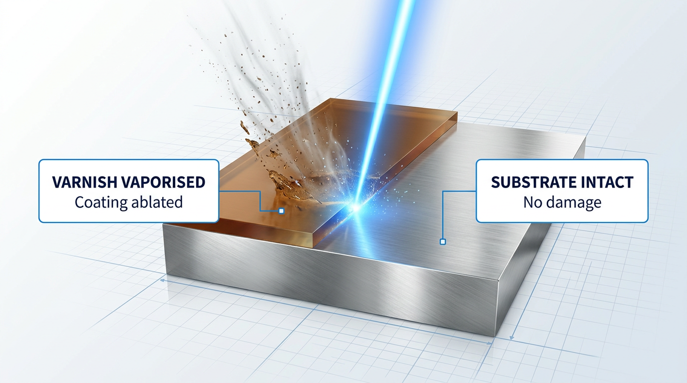 Cross-sectional view of laser beam striking varnish-coated metal surface, showing amber varnish layer vaporizing with particle plume while polished steel substrate beneath remains undamaged and reflective.