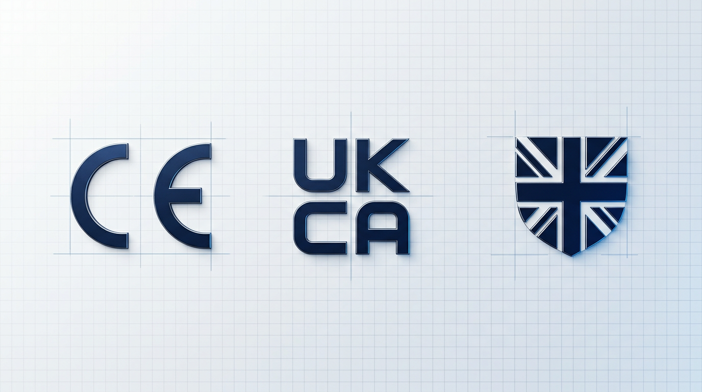 CE, UKCA, and Made in Britain certification marks arranged horizontally with metallic detail on a light technical background
