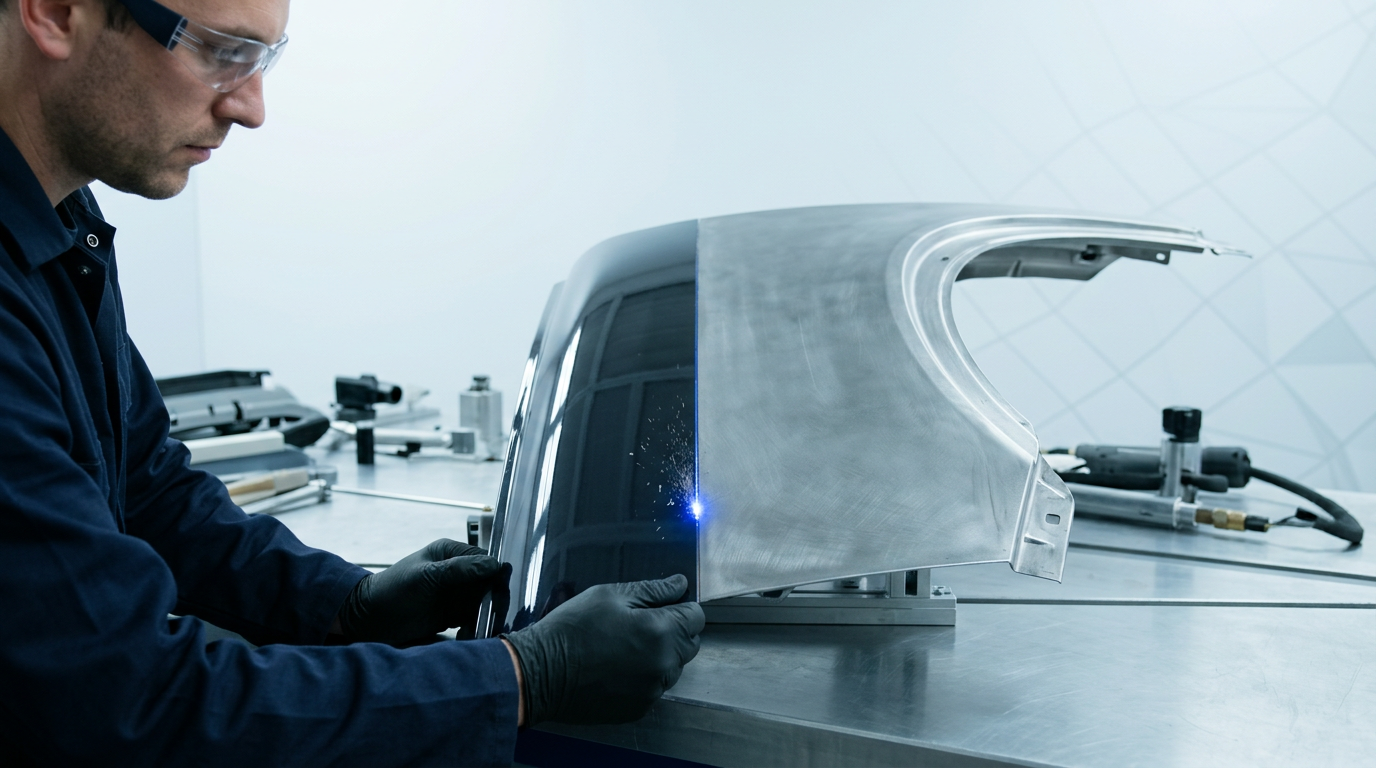 Vehicle body panel mounted on workbench with laser-stripped varnish on right side revealing bare metal substrate, contrasted against intact glossy paintwork on left, technician hands in dark coveralls visible at edge of frame.