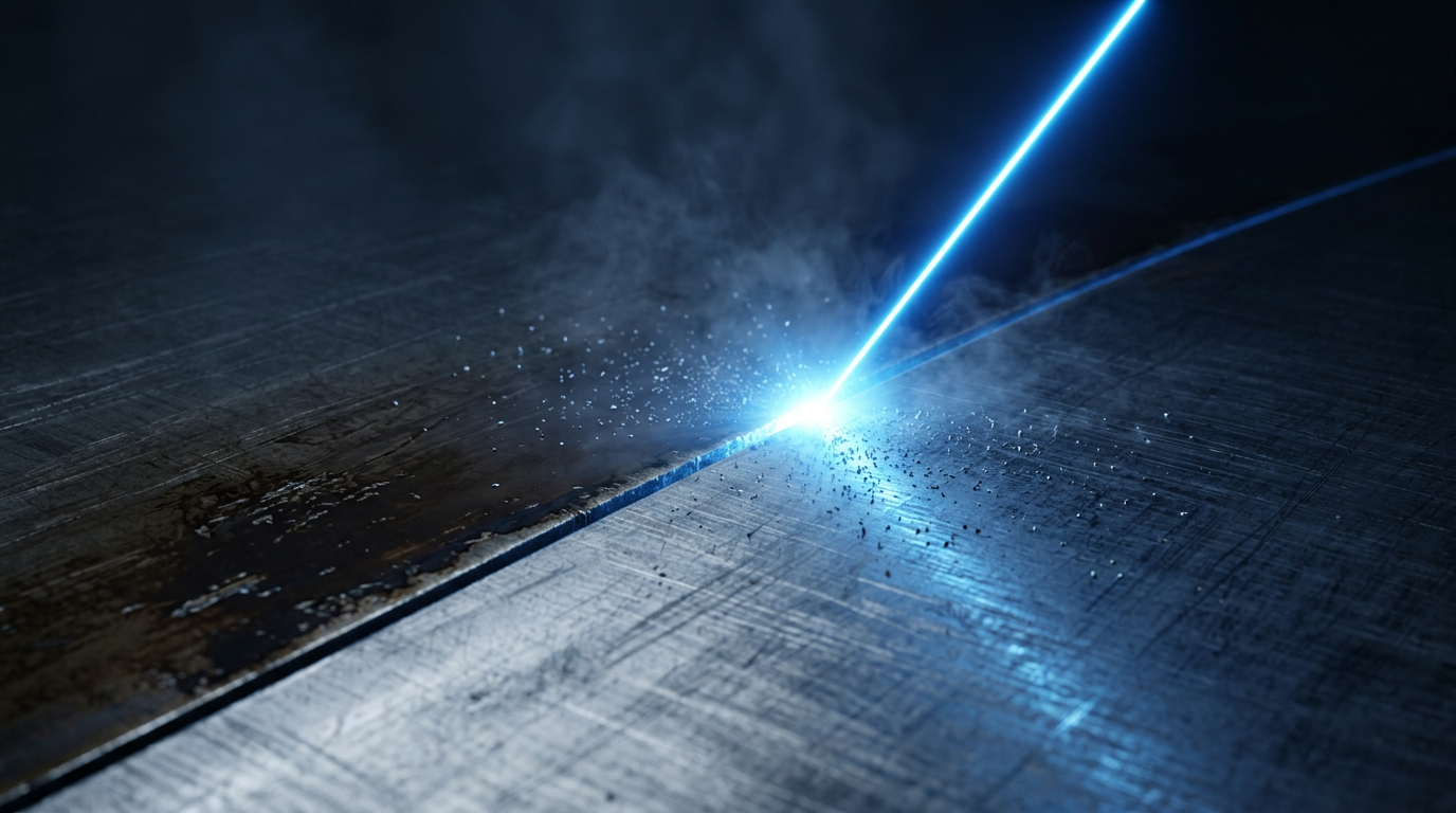 Dark industrial metal surface with focused laser beam ablating a coating, showing bright electric blue glow at contact point and stark contrast between degraded varnish and clean bare metal.