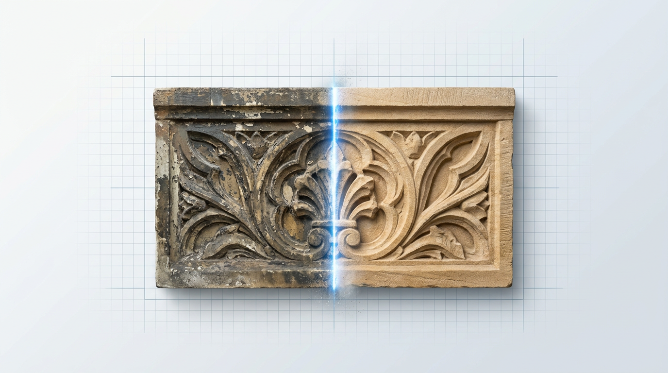 Heritage stone surface split vertically: left side shows dark varnish and soiling, right side reveals clean bare stone with carved detail exposed by laser cleaning beam.