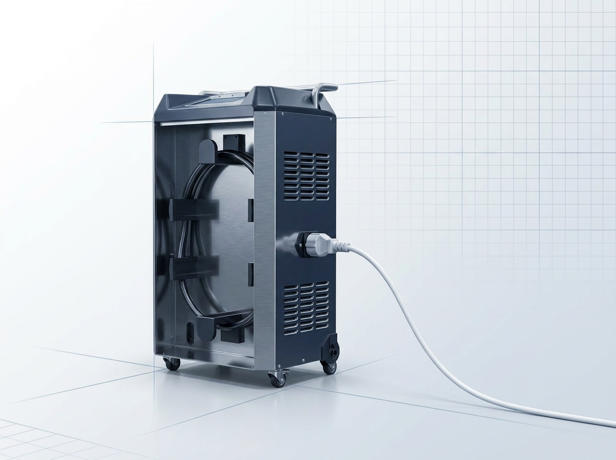 Compact laser cleaning unit with dark navy body and steel metallic surfaces, positioned left-center with visible horizontal air-cooling vents on side panels. Standard single-phase power plug connected directly to rear inlet, white cable extending right. Clean off-white gradient background with faint grid pattern.