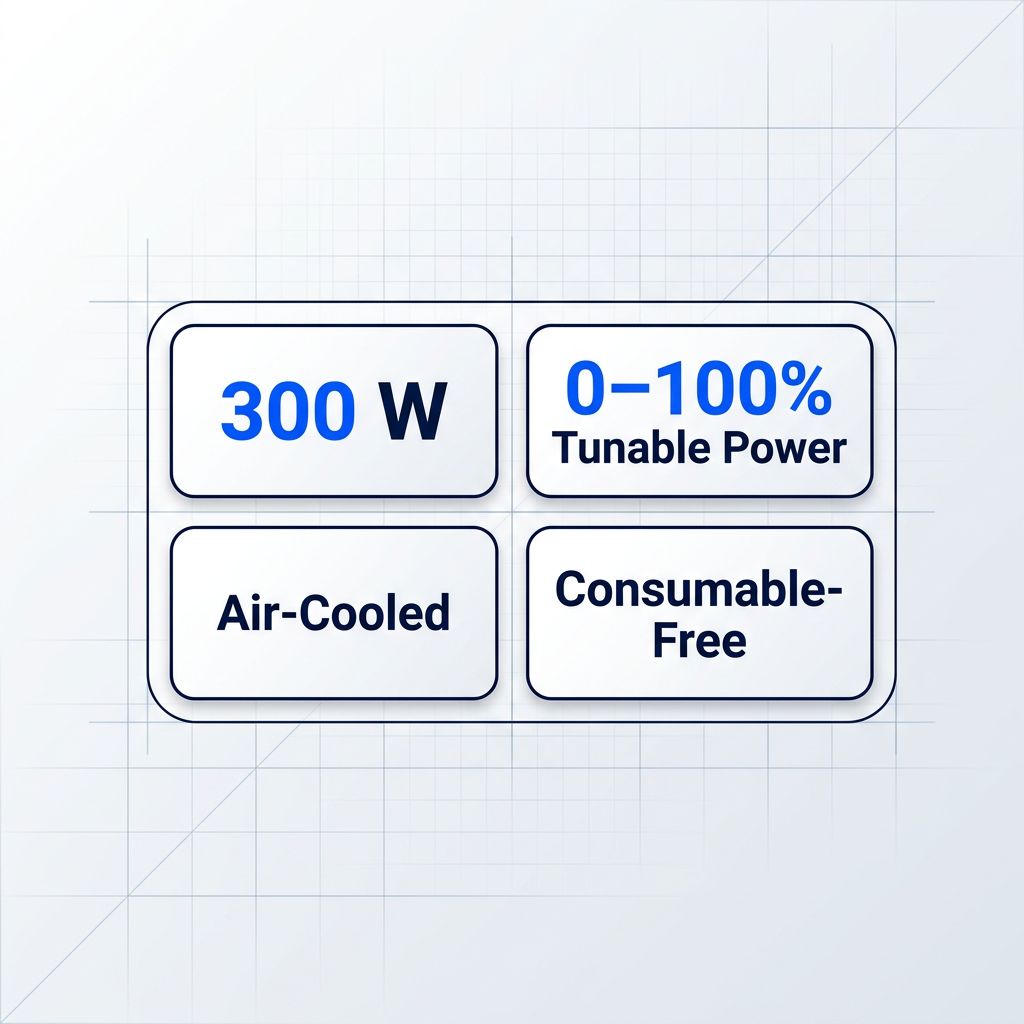 Badge-style graphic displaying four shared laser specifications: 300 W power, 0–100% tunable power, air-cooled, and consumable-free operation in white containers with navy borders on light technical background.