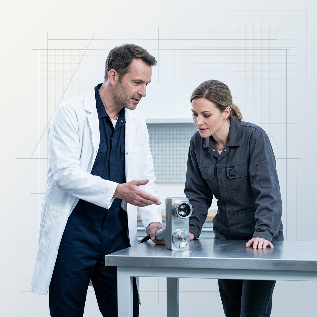 Two engineers in professional workwear at a metal workbench examining a laser cleaning scanner head, one gesturing toward the component in focused discussion.