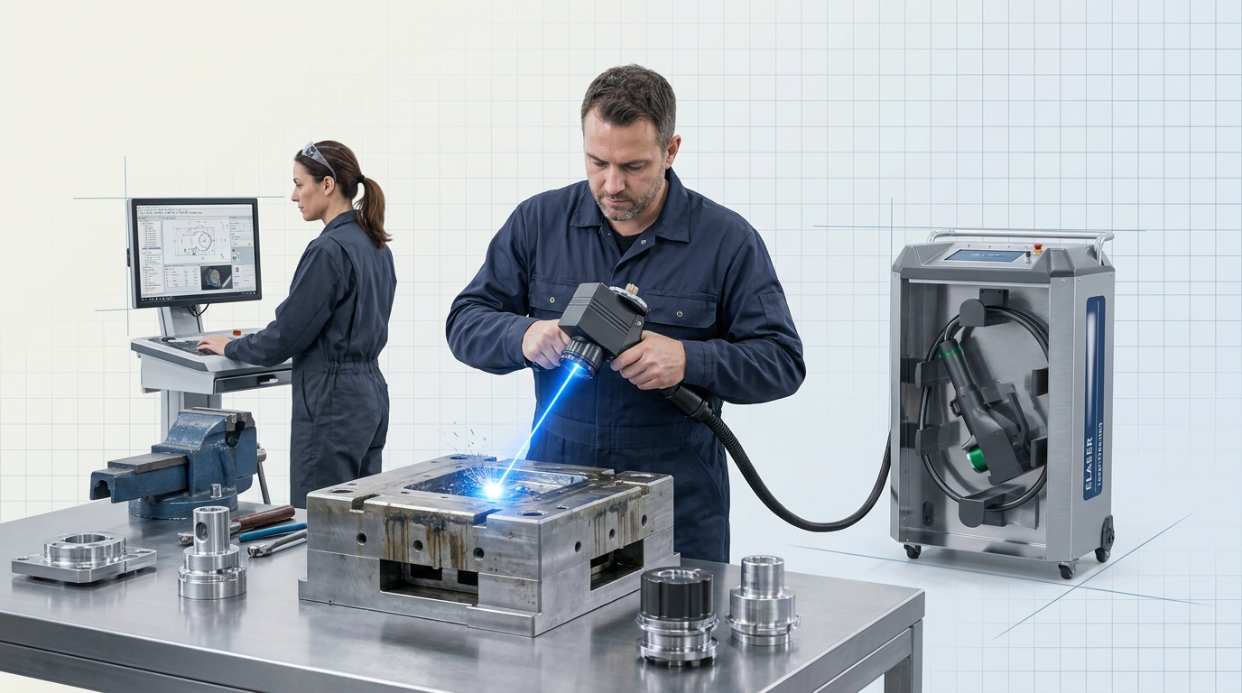 Two engineers in dark coveralls work with ELASER laser cleaning equipment in a bright manufacturing facility; one operates the laser scanner on a component with visible blue laser beam, while the other reviews technical parameters at a workstation.