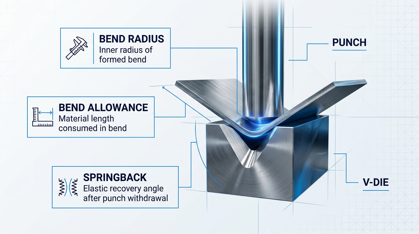 Press brake bending machine showing punch descending into V-shaped die with sheet metal between them, labeled with bend radius, bend allowance, and springback annotations.