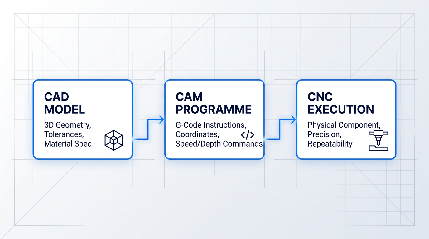 Three-stage sequential flow diagram: CAD Model (3D geometry, tolerances, material spec) → CAM Programme (G-code instructions, coordinates, speed/depth) → CNC Execution (physical component, precision, repeatability), connected by electric blue arrows.