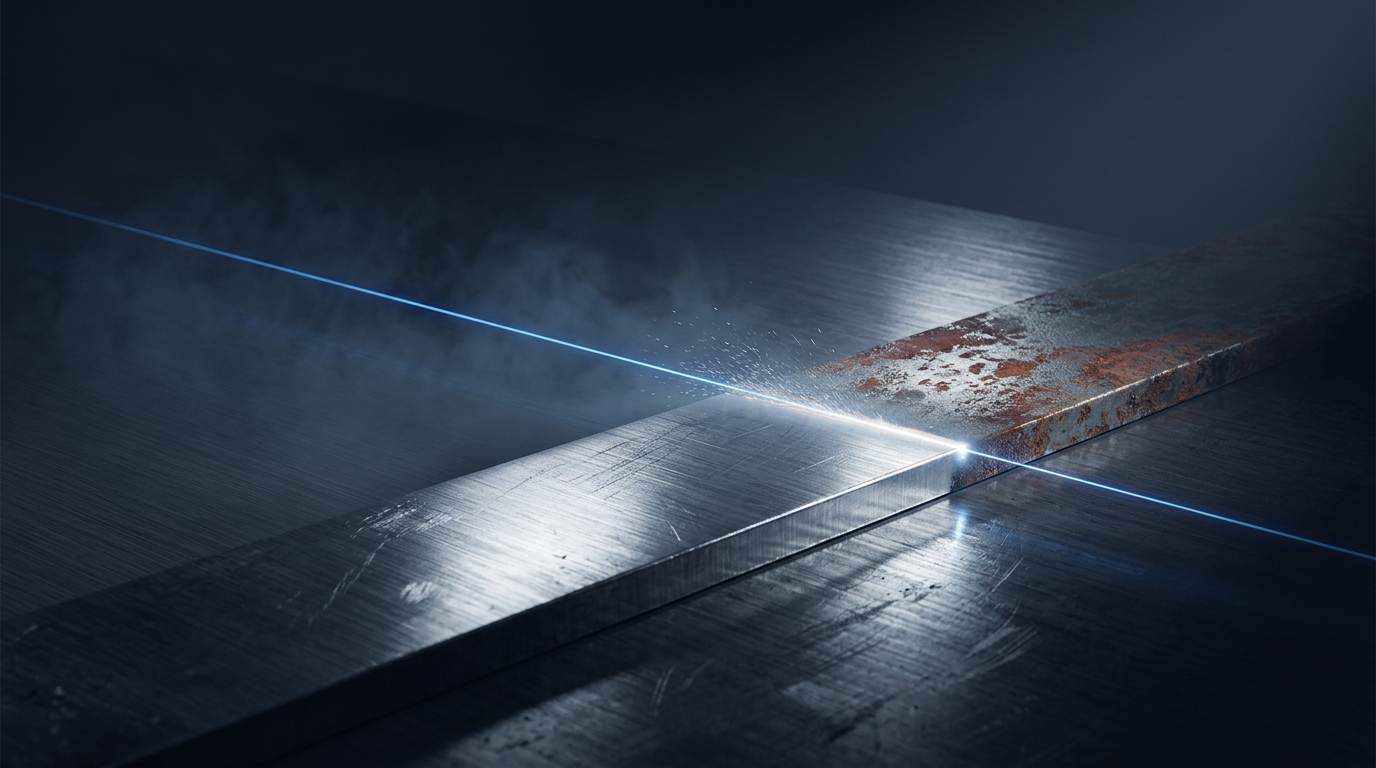 Dark industrial workspace with metallic surfaces showing rust and oxidation on one side transitioning to clean bare material on the other, divided by an electric blue laser beam with particle ablation effects.