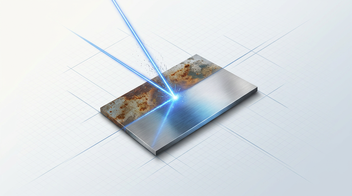 Laser beam intersecting oxidized metal surface, showing clean bare metal on one side and rust-covered material on the other, with electric blue glow at the contact point.