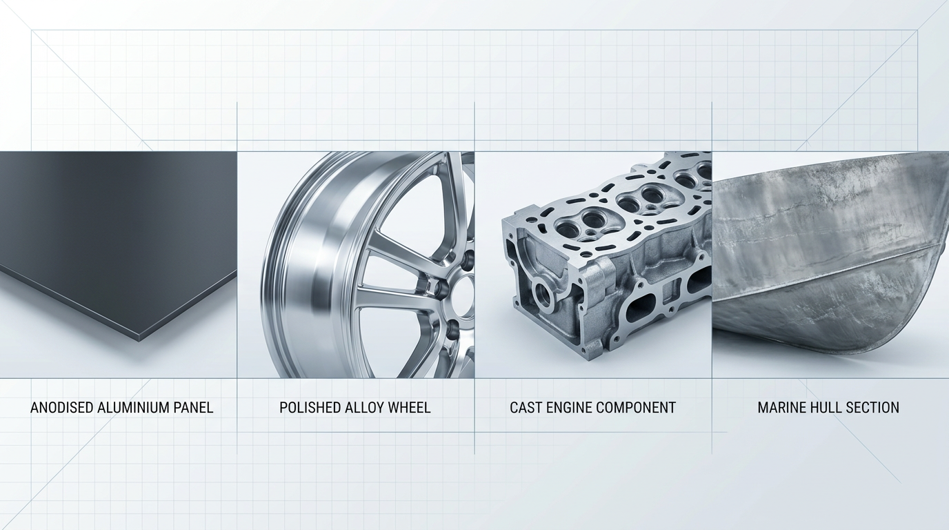 Four aluminium surface samples arranged horizontally: anodised panel with matte charcoal finish, polished alloy wheel rim with mirror-like shine, cast engine component with textured grey surface, and curved marine hull section showing weathered oxidation.