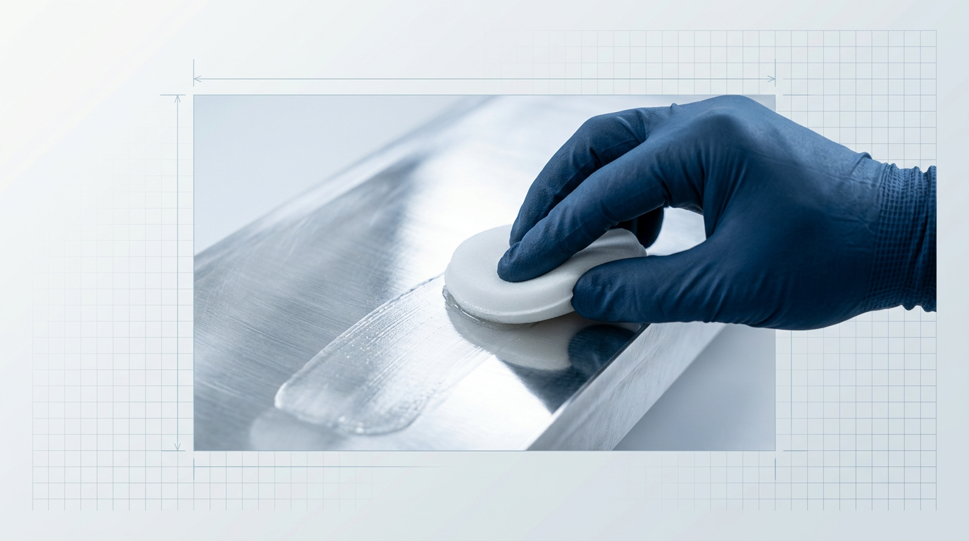 Hand with applicator pad applying wax to a polished, freshly cleaned aluminium surface under bright studio lighting.