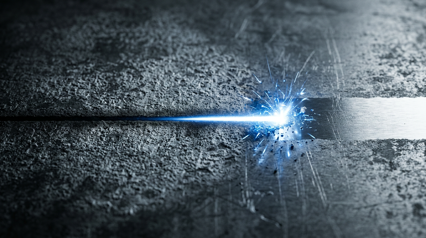 Close-up of aluminium surface with laser beam creating clean metallic zone against surrounding oxidised grey patina, electric blue glow at contact point.
