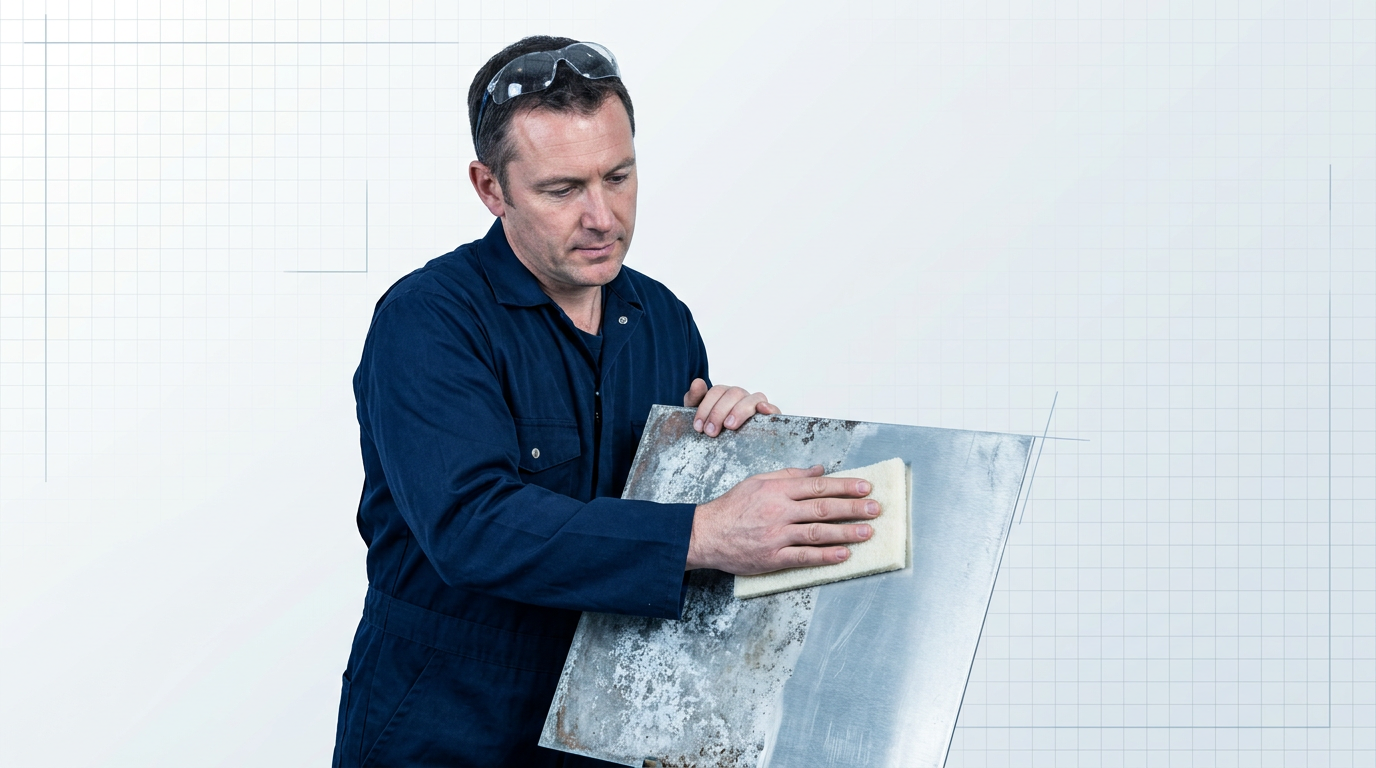 Engineer in navy coveralls applying a non-woven abrasive pad to oxidized aluminum surface with controlled pressure, showing stark contrast between heavily corroded and cleaned metallic areas.